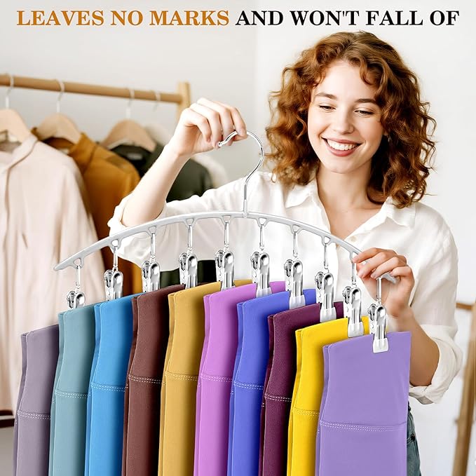 Legging Organizer for Closet, Metal Yoga Pants Hangers 2 Pack w/10 Clips Holds 20 Leggings, Space Saving, Clips Hanger for Pants, Shorts, Scarf, Hats Grey