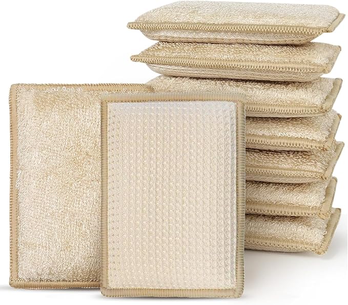 Bamboo Sponges for Dish Washing Reusable Dish Sponge Multi Use Kitchen Sponges Non-Scratch Microfiber Pad for Dishes Pots and Pans, Pack of 10