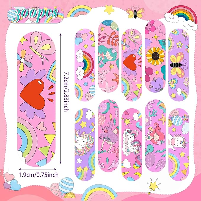 Patelai 300 Pieces Kids Bandages Bulk 10 Styles Children's Adhesive Flexible Colorful Cute Cartoon Bandages Waterproof Breathable Stickers Protection Care Cuts for Girls Boys(Unicorn)