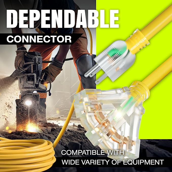 50ft Outdoor/Indoor Extension Cord 3-Outlet 12/3 Gauge Extra Heavy Duty 3 Prong SJTW, Waterproof, Flexible Cold-Resistant Long Power Cord,15A 125V 1875W, Yellow by LifeSupplyUSA
