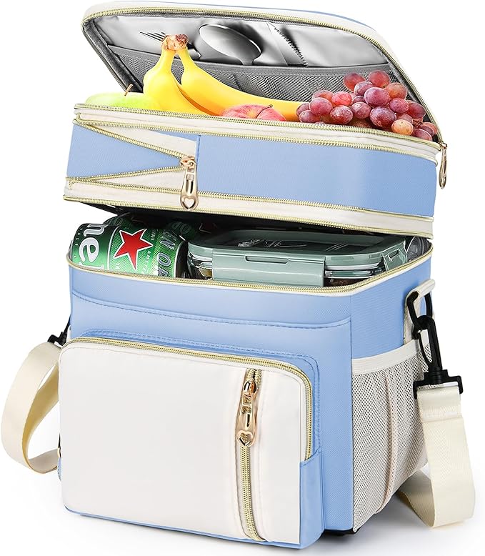 LOKASS Expandable Lunch Box for Women Men | Adult Lunchbag Cooler Tote Bag with Adjustable Shoulder Strap | Insulated Reusable Womens Lunch Bags for Work Camping Beach | 16L, Baby Blue
