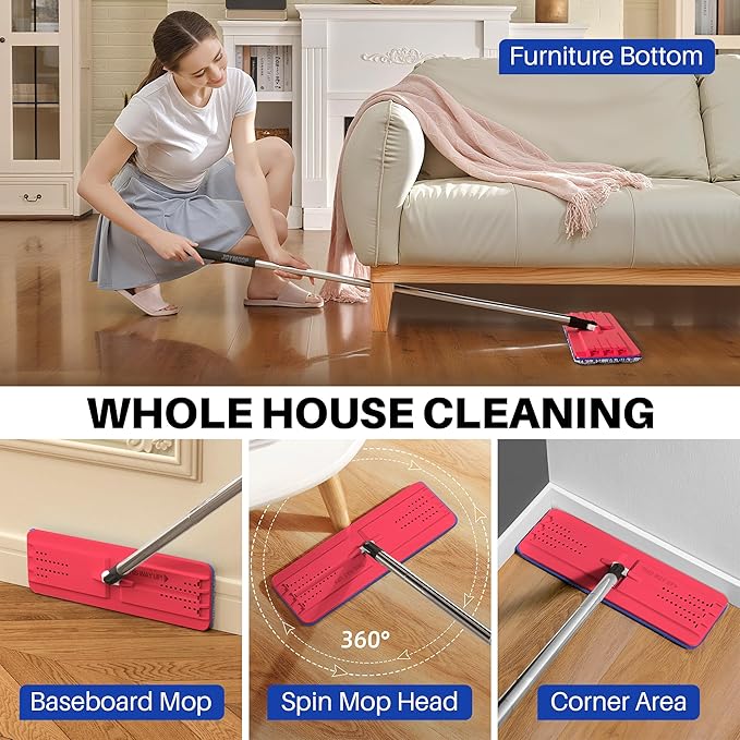 JOYMOOP Flat Mop, Microfiber Mops for Floor Cleaning and Wall Cleaner, 60" Long Handle with Flexible 13" Flat Head with a Microfiber Mop Pad - Black & Red