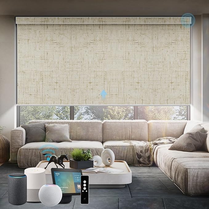 SmartWings Motorized Roller Shades Work with Homekit, 100% Blackout Smart Blinds for Windows, Cordless Remote Control Window Shades, Linen Stone, Customized Size