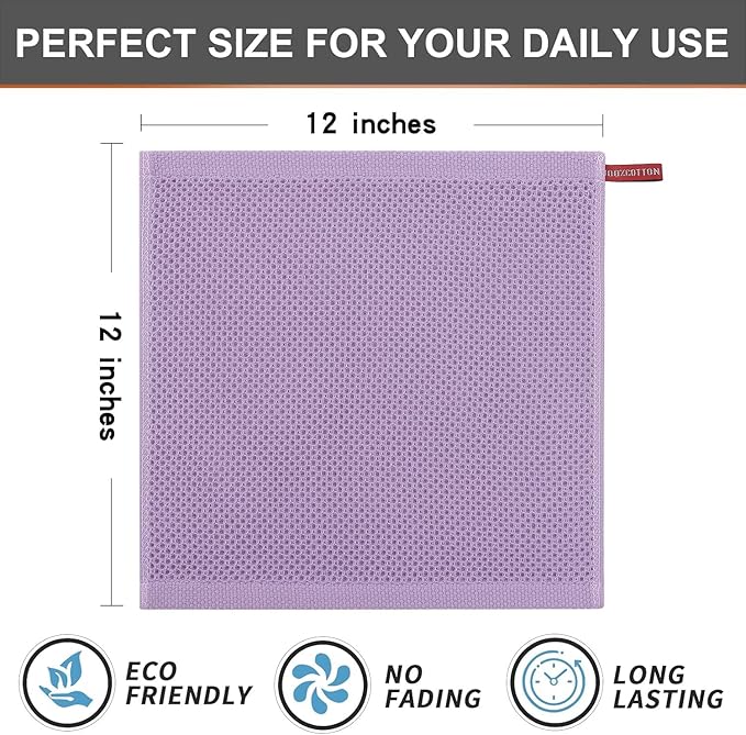 Kitinjoy 100% Cotton Kitchen Dish Cloths, 6 Pack Waffle Weave Ultra Soft Absorbent Dish Towels for Drying Dishes Quick Drying Kitchen Towels Dish Rags, 12 X 12 Inches, Lavender