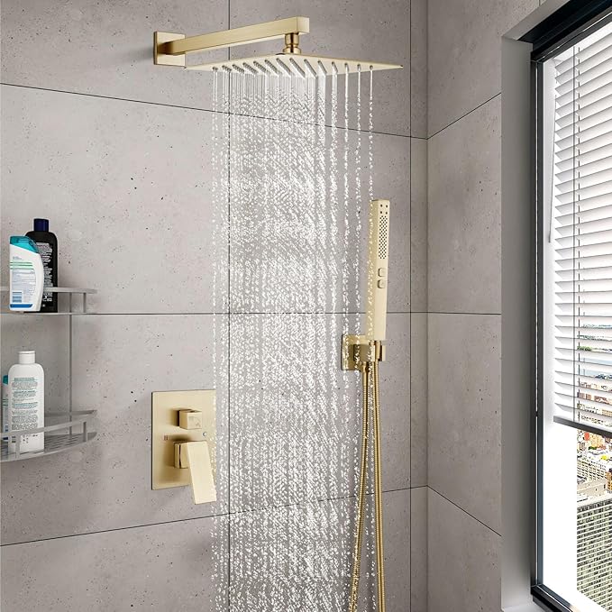 Shower Faucet Set Rainfall Shower System with Square Showerhead and Handle Set Fixture with 2 in 1 Function Handheld Sprayer Wall Mounted Trim Repair Kit Rough-in Valve 12 Inch Brushed Gold