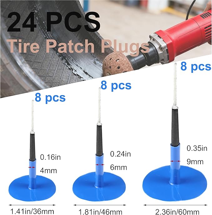 TP-M13W Combination Repair Unit Kit, Tire Repair Patch Plug Kit 1/6" x 1 3/8", 1/4" x 1 3/4" and 3/8" x 2 3/8" Wrapped stem 8 pcs Each