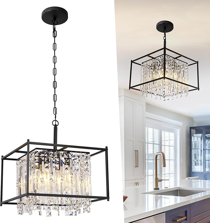 Black Chandeliers for Dining Room, Black Square Industrial Chandelier Crystal Pendant Light for Kitchen Island Dining Room Living Room Flat and Inclined Ceiling,L16 x W16 x H17.5