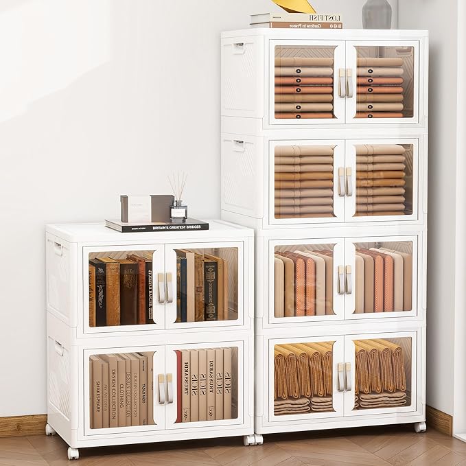 Large Clear Stackable Storage Bins with Lids, Foldable Storage Cabinet for Closet Organizers and Storage, Plastic Storage Box with Wheels 597 QT