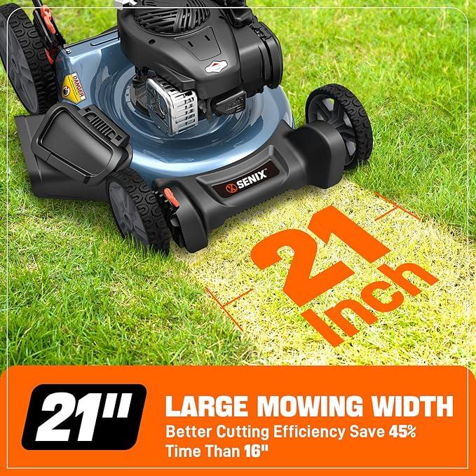 SENIX LSPG-M4 21-Inch Gas Push Lawn Mower with 125 cc 4-Cycle Briggs & Stratton Engine, Mulching and Side Discharge, 6-Position Dual Lever Height Adjustment