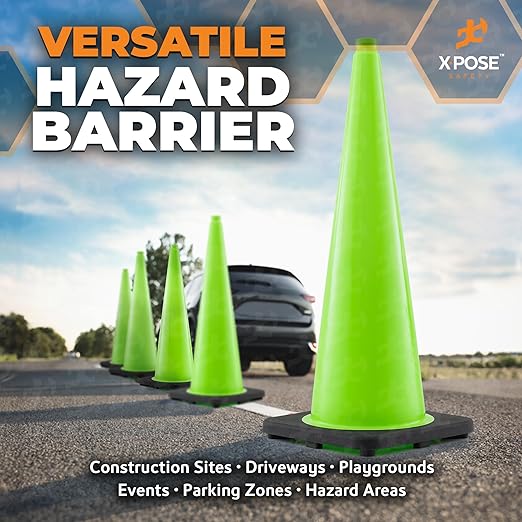 Xpose Safety 36” Lime Green Traffic Cone - 48 Pack - Premium PVC Safety Cone for Parking, Caution, Construction, Road Crews, Emergency Vehicle - DOT Approved