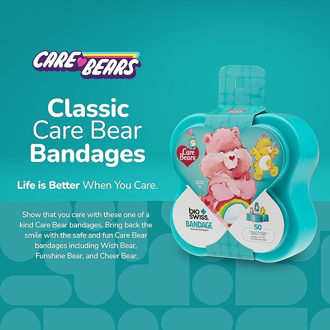 BioSwiss Care Bears Kids Bandages, Classic Care Bear Shaped Self Adhesive Bandage Set, Latex Free, Sterile Wound Care, 50 Count