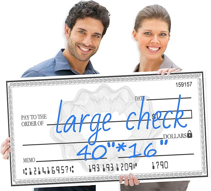 40x16 Inch Giant Check Big Checks for Presentations | Double-Sided Dry Erase Paper Check | Waterproof Laminated Fundraising Sign for Events | Reusable Presentation Sheet(Black/Blue)
