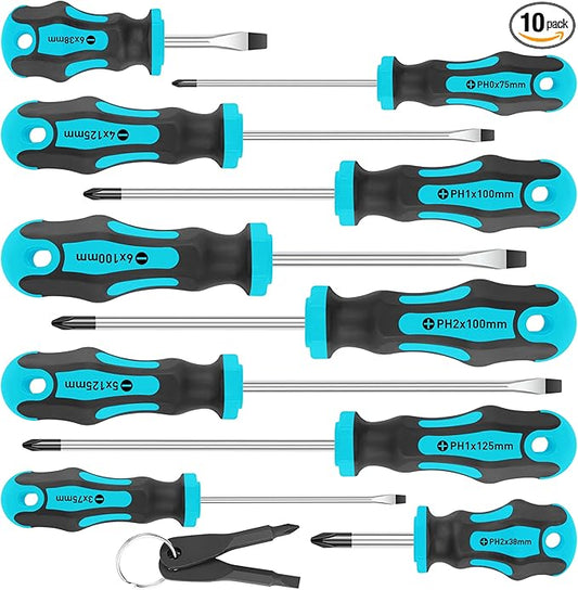 Amartisan 10-Piece Magnetic Screwdrivers Set, 5 Phillips and 5 Slotted Tips Professional Cushion Grip Screwdriver Set 2pcs Portable Multifunction Key Mini Screwdriver (Blue)