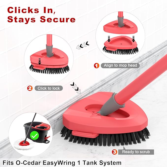 Upgraded Spin Mop Scrub Brush Head for O-Cedar EasyWring 1 Tank System ONLY, Full Bristles & Outward-Angled Scrubber Mop Head, Better Corners Floor Cleaning Brush All Hard Surfaces - 2 Pack