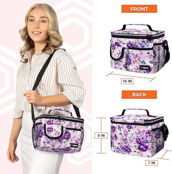 opux Insulated Lunch Bag for Men Women, Leakproof Floral Purple Lunch Box for Work, Portable Soft Lunch Cooler Bag with Shoulder Strap, Adult Lunchbox Lunch Pail for Kid Boy Girl School, 14 Can/8L
