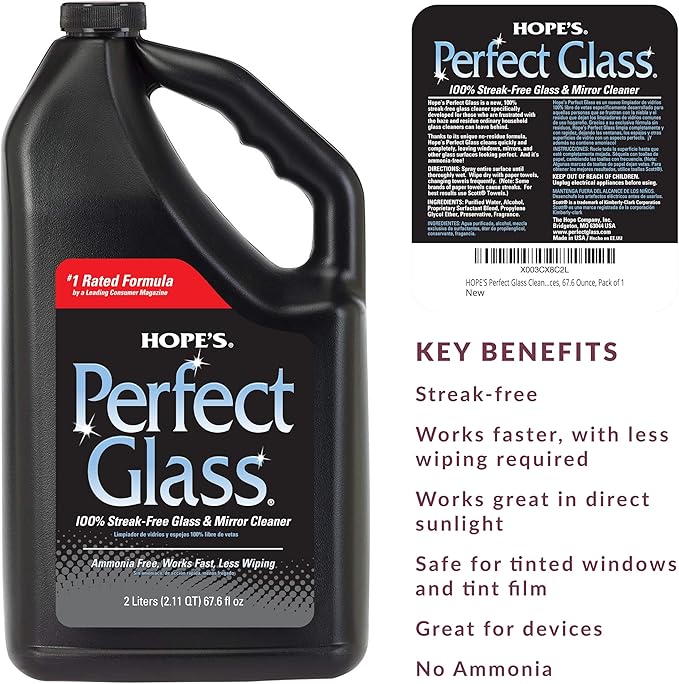 HOPE'S Perfect Glass Cleaner Spray Refill, Streak-Free, Ammonia-Free Window, Mirror, Screen, Tinted Glass, and Shower Door Cleaner, Indoor and Outdoor Glass Surfaces, 67.6 Ounce, Pack of 1