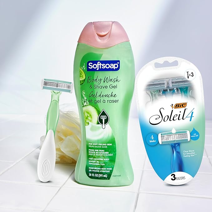 Softsoap Body Wash & Gel Cucumber, 20oz, pack of 1 + BIC Soleil Comfort 4-Blade Disposable Razors for Women Sensitive Skin Razor for a Smooth and Close Shave, 3 Piece Razor Set