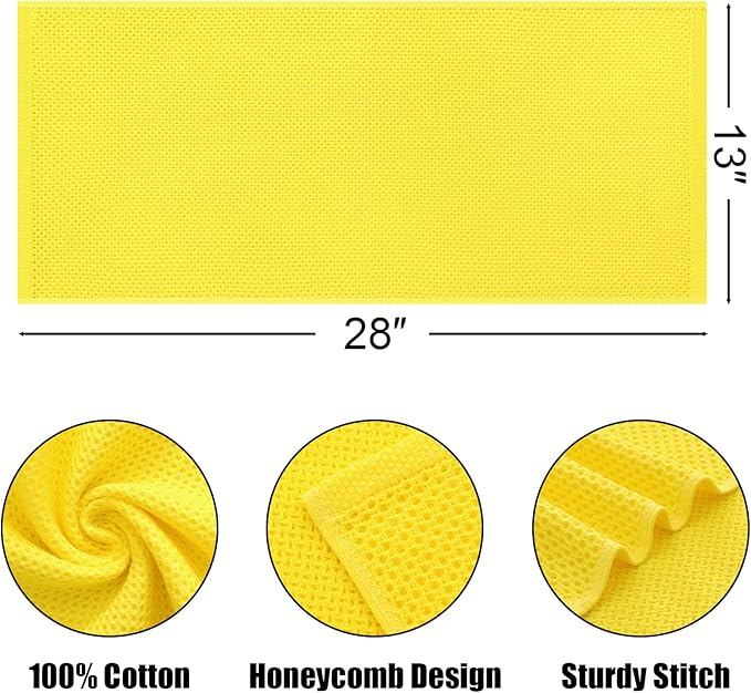 Kitinjoy 100% Cotton Waffle Weave Kitchen Towels, 4-Pack Super Soft and Absorbent Dish Towels for Drying Dishes, Kitchen Hand Towels, 13 in x 28 in, Yellow