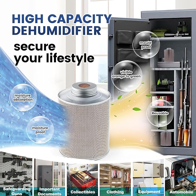 750 Grams Gun Safe Dehumidifier, Reusable Canister Desiccant Dehumidifier, Rechargeable 1.65 Lbs Indicating Silica Gel Orange to Green, Pack of 1