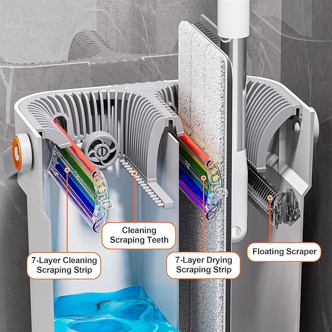 Mop and Bucket Set, Flat Mop and Bucket System, Mop Bucket with Wringer, Wall Mop with Adjustable Handle (Max 61 Inches), 5 Washable Microfiber Mop Pads