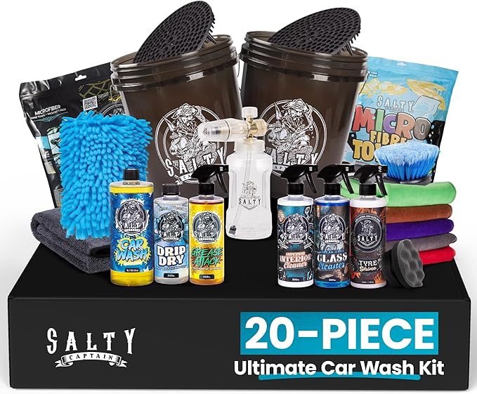 Salty Captain DIY Detailing Car Cleaning Kit – Car Wash Kit with 15L Bucket, Hand Mitt Towels, Brushes & 6x Cleaning Fluids – With Pressure Washer Snow Foam Cannon – Premium Quality & Easy to Use