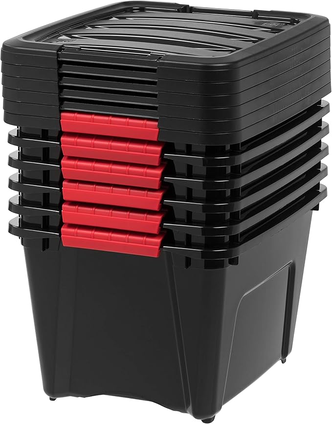 IRIS USA Stack and Pull 19 Quart Black Plastic Storage Tote Container Box Bin with Red Handles for Indoor/Outdoor Home, Garage, or Closet (6 Pack)