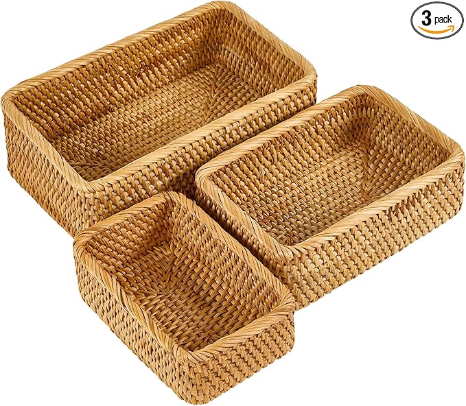Natural Rectangular Rattan Storage Baskets (Set of 3), Hand Woven Food and Fruit Serving Baskets, Wicker Organizer for Living Room, Bedroom, Kitchen