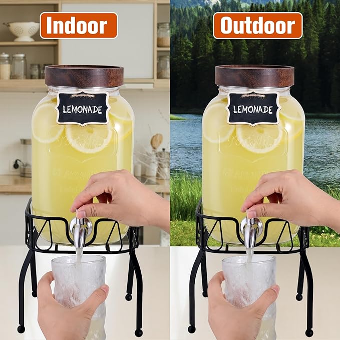 Mustry Glass Drink Dispenser for Parties, 1 Gallon Beverage Dispenser with Stand and Spigot Solid Stainless Steel, Used as Lemonade Dispenser Sun Tea Jar Kombucha Jar