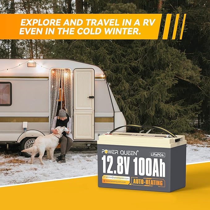Power Queen 12V 100Ah LiFePO4 Battery Upgrade Auto-Heating, Built-in 100A BMS, Low Temp Protection, 2X Heating Efficiency, -4°F/-20°C Charging, Perfect for RV, Off-Grid System, Trolling Motor