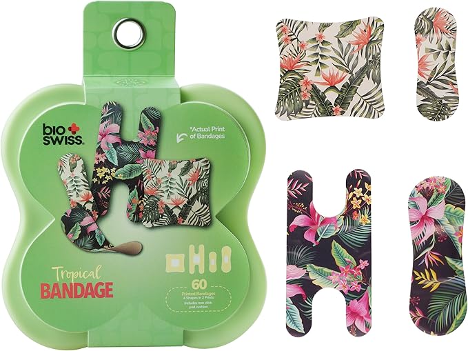 BioSwiss Kids Bandages, Assorted Size Tropical Print Shaped Self Adhesive Bandage Set, Latex Free Sterile Wound Care, 60 Count