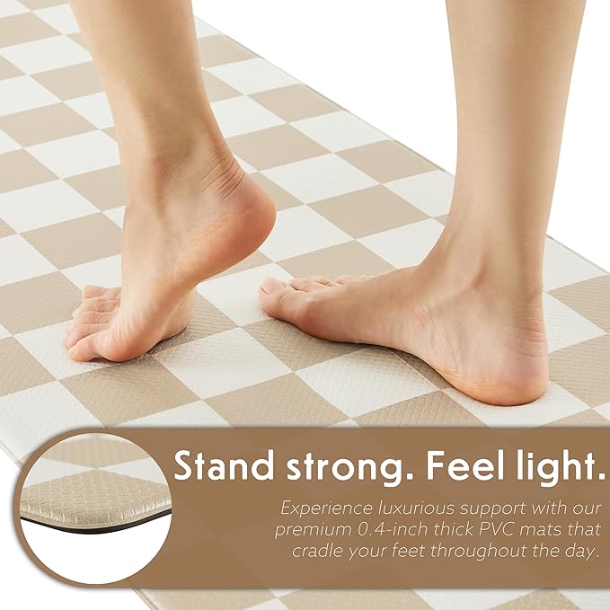 Beige Khaki Checkered Kitchen Mats for Floor Set of 2, 2 Pcs Cushioned Non Slip Runner Rugs for Kitchen/Sink/Laundry, Comfort Aesthetic Cute Anti-Fatigue Foam Floor Mat 17.3"x29.5"+17.3"x47.2"