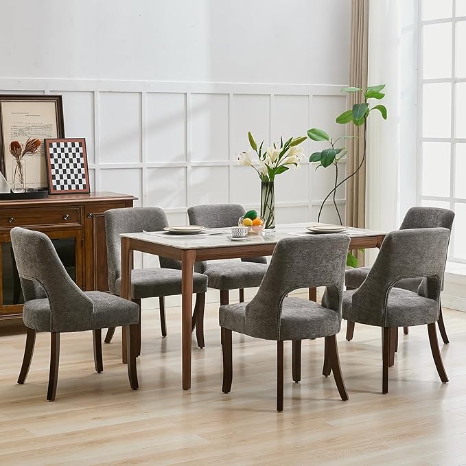 UVV Wooden Dining Chairs Set of 2, Mid Century Modern Upholstered Dining Room Chair Kitchen Chairs, Chenille Dinner Chair with Solid Wood Legs for Kitchen Dining Room, Dark Grey-Chenille