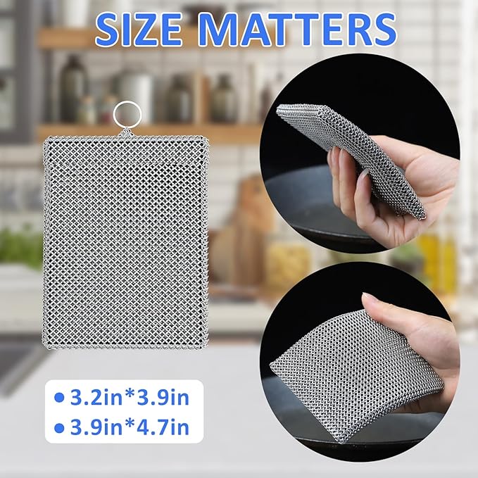 316L Stainless Steel Cast Iron Scrubber Cleaner,Chain Mail Scrubber with Silicone Insert,for Cast Iron Skillet, Cleaning Steel Skillet, Wok, Carbon Steel (8CM*10CM)