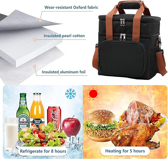 16 litres Insulated Lunch Bag for Men & Women, 2 Deck Lunch Box with Leak-Proof, Insulated Cooler Bag, Reusable Lunch Tote, with Adjustable Shoulder Strap for Office Picnic Hiking Beach