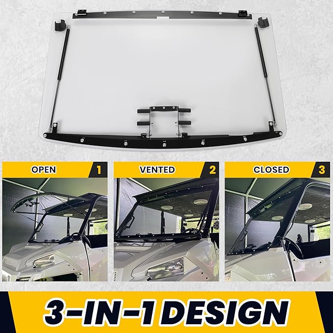 HECASA 3-IN-1 Flip Windshield Compatible With 2013+ Polaris Ranger XP 900/900 Crew/XP 1000, 2015-2018 Polaris Ranger 1000 Diesel/Crew W/ Gas Spring Plastic Clear