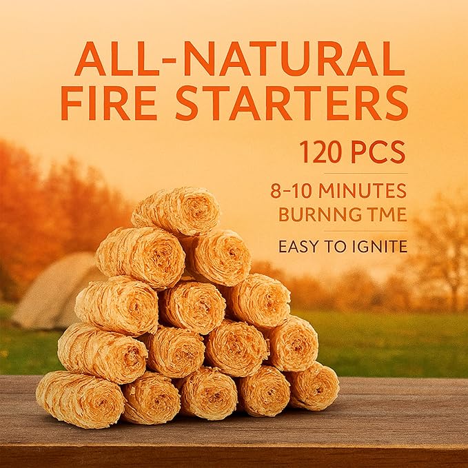 120 PCS Fire Starter – Natural Wax & Sawdust Wood Igniters for Grill, Fireplace, Camping Accessories, BBQ, and Cooking – All-Weather, 10 Min Burn