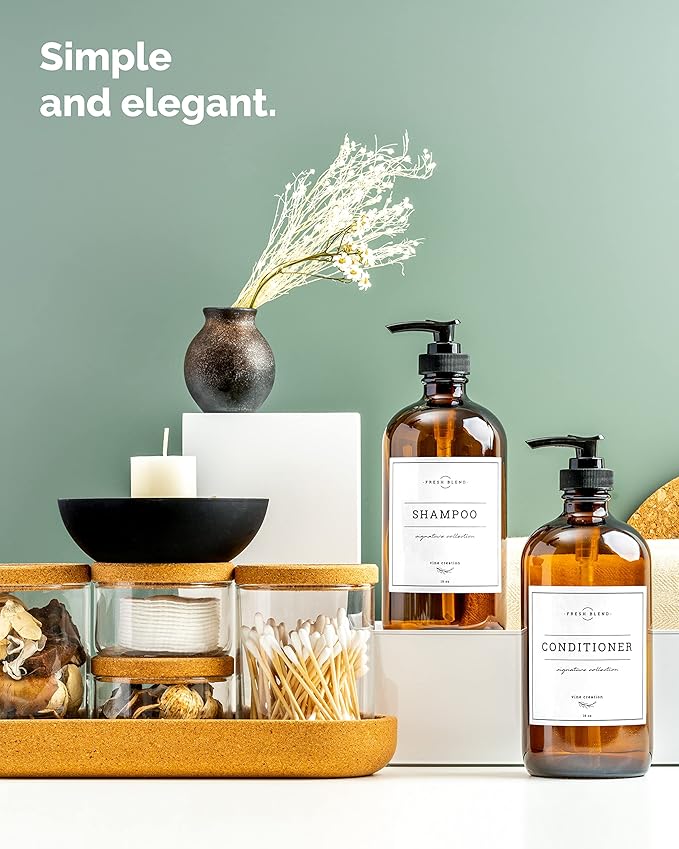 Vine Creations Amber Glass Soap Dispenser, 2 Pack Kitchen Soap Dispenser Set with Rustproof Pump, 16 oz Dish Soap and Hand Soap Dispensers for Bathroom with Waterproof Labels