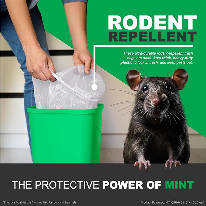 Mint-X Rodent Repellent Trash Bags, 1.3 Mil, Flat Seal, 46" Height x 33" Length, Clear (Pack of 100) (MX3346XHC)