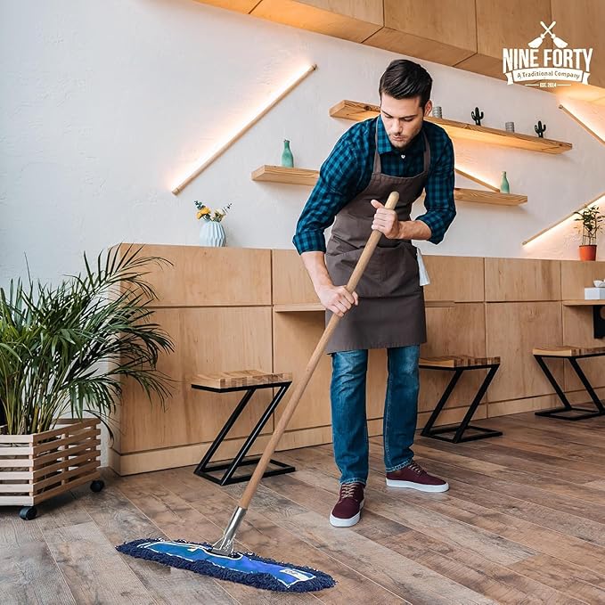 Nine Forty 24" Premium Nylon Dust Mop with Wood Handle - Heavy Duty Mop Head for Industrial, Commercial, and Residential Cleaning - Dry Floor Duster for Hardwood Surfaces and Commercial - Blue