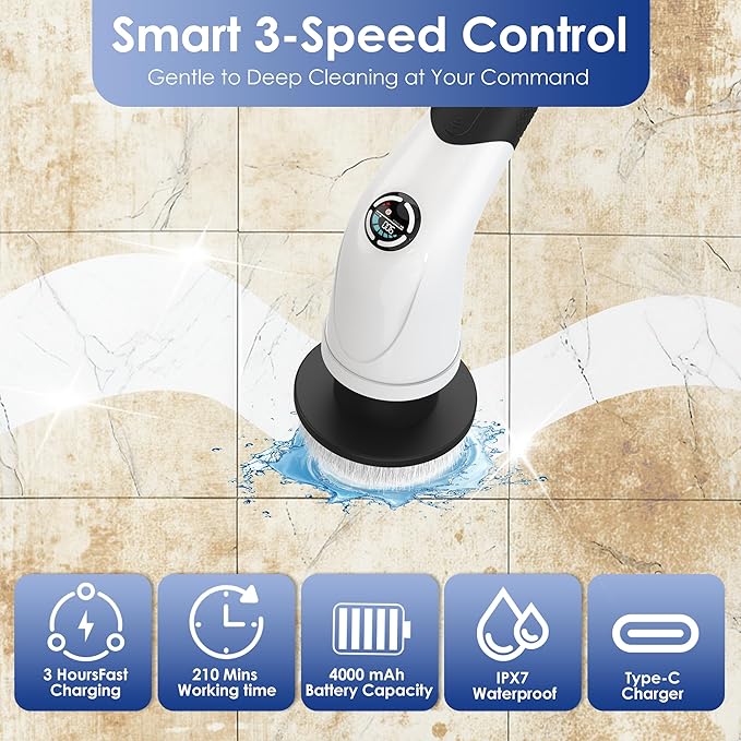 Cordless Electric Spin Scrubber, IPX7 Waterproof Rechargeable Power Cleaning Brush with 4500mAh Battery, 210min Runtime, 7 Brush Heads, 3 Adjustable Speeds, for Shower, Tub, Tile, Kitchen, Floor
