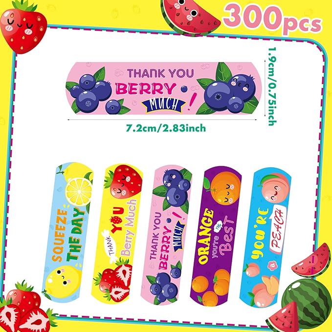 Patelai 300 Pieces Kids Bandages Bulk 10 Styles Children's Adhesive Flexible Colorful Cute Cartoon Bandages Waterproof Breathable Stickers Protection Care Cuts for Girls Boys(Fruit)