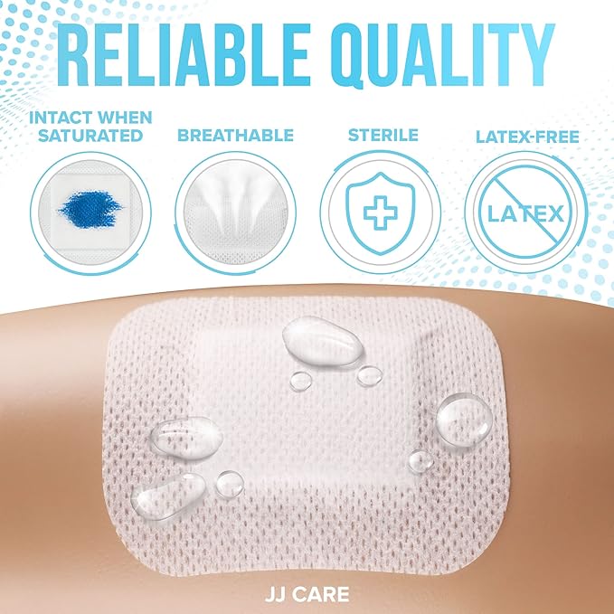 JJ CARE Waterproof Adhesive Island Dressing [Pack of 50], 4" x 4" Sterile Bordered Gauze, Breathable Island Wound Dressing, Individually Wrapped Adhesive Gauze Bandages with Non-Stick Central Pad