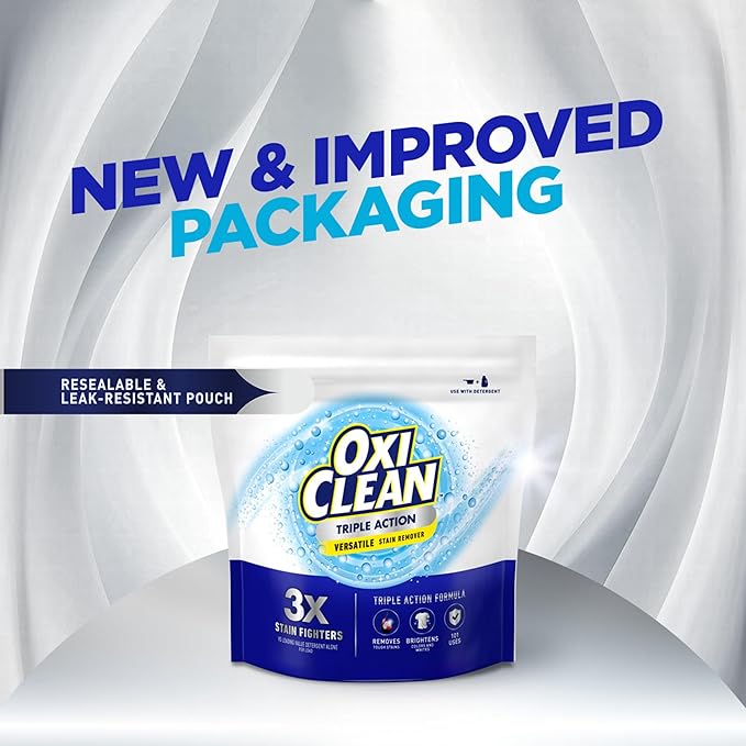 OxiClean Triple Action Versatile Stain Remover Powder, Use with Detergent, Removes Tough Stains like Grease, Blood and Grass, Brightens Colors and Whites, Chlorine Free, 4 lbs