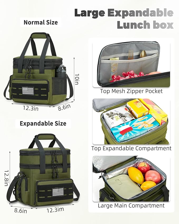 Tactical Lunch Bag & Lunch Box for Men - Large Double Deck Expandable Insulated Soft Adult Lunchbox for Work - Cooler Bag for Beach, Picnic, Camping,Outdoor，Travel (Green,16L)