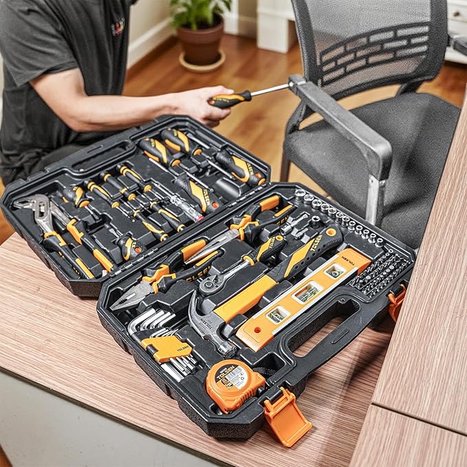 TOLSEN 89-Piece Tool Set Household Tool Kit, Hammer, Screwdrivers, Drill Bits, Socket Wrench, Hex Key, Tape Measure, Plastic Toolbox Storage Case