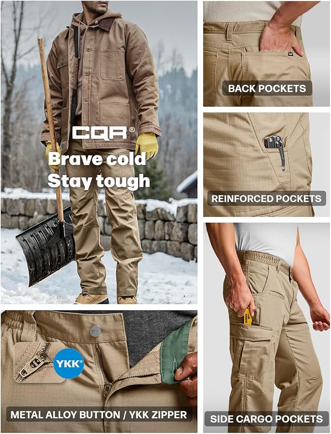 CQR Men's Winter Tactical Cargo Pants, Thermal Fleece Lined Outdoor Snow Ski Hiking Work