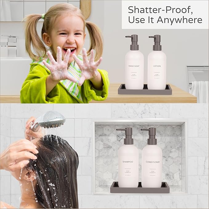 Plastic Soap Dispenser Set - PET Plastic Dish Soap Dispenser for Kitchen, Hand Soap Lotion Bottles with Pump Dispenser for Bathroom, Includes 8 Waterproof Labels, 16 oz, Gray Silicone Tray