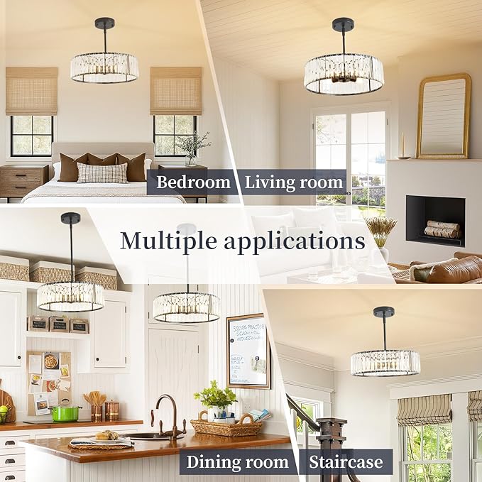4-Light Black Crystal Chandelier for Dining Room,Modern Semi Flush Mount Ceiling Lighting Fixtures,Round Kitchen Hanging Drum Pendant Lights for Living Room Bedroom Foyer， 16 Inch