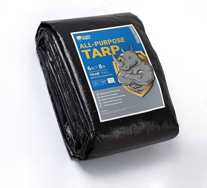 GUARD SHIELD Tarps Heavy Duty Waterproof 6x8 Feet Black Poly Tarp Cover Outdoor Thick UV Resistant Tarpaulin with Grommets 10mil