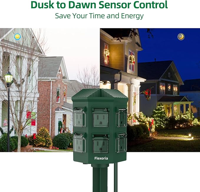 Outdoor Power Stake Timer, Remote Control Dusk to Dawn Light Timer, 6FT Extension Cord Waterproof, 6 Grounded Outlets for Outdoor Christmas Decorations, ETL Listed (6 FT)